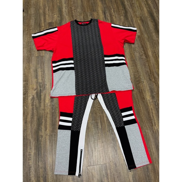 Makobi Other - Makobi Mens Red Colorblock Geometric Tracksuit Set 2 Piece Shirt Pants 4XB NWT